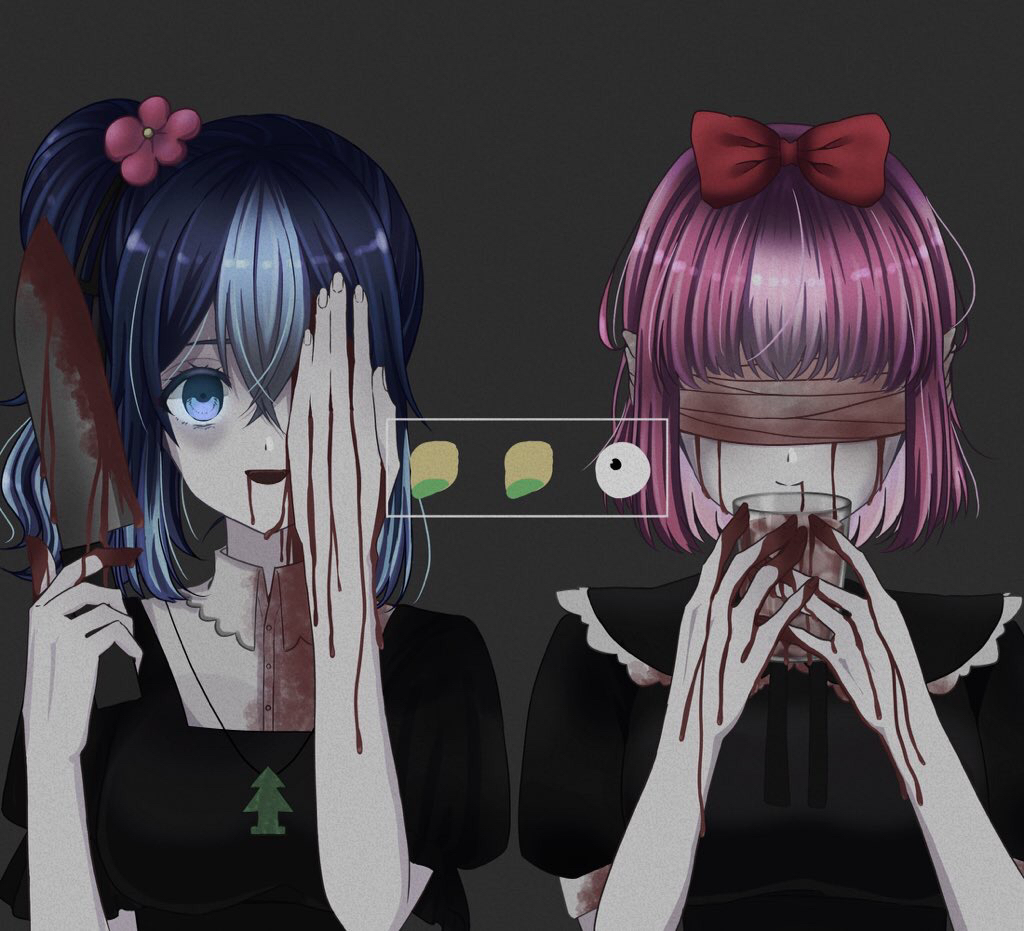 2girls bandages black_dress blood bloody_knife blue_eyes blue_hair bow covered_eyes dress empty_eyes flower giggles glass grey_background hair_bow hair_flower hair_ornament happy_tree_friends humanization kitchen_knife knife mobuojisama multiple_girls one_eye_covered petunia pink_hair side_ponytail