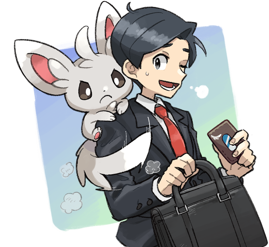 1boy ;d bag black_bag black_hair black_jacket brown_eyes buttons collared_shirt dust dusting gen_5_pokemon holding jacket kokesa_kerokero long_sleeves lower_teeth male_focus minccino necktie npc_trainer office_worker_(pokemon) on_shoulder one_eye_closed open_mouth pokemon pokemon_(creature) pokemon_(game) pokemon_bw pokemon_on_shoulder red_neckwear shirt short_hair smile sweatdrop tongue white_shirt