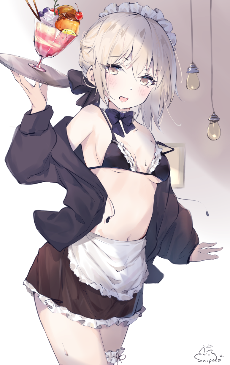 1girl apron artoria_pendragon_(all) artoria_pendragon_(alter_swimsuit_rider)_(fate) bikini bikini_skirt black_bikini black_bow black_jacket black_neckwear black_skirt bow bowtie braid breasts choker cowboy_shot fate/grand_order fate_(series) french_braid frilled_apron frilled_bikini frilled_choker frilled_skirt frills hair_bow highres jacket long_sleeves maid_bikini maid_headdress miniskirt navel sai_(saipoko) skirt small_breasts solo standing swimsuit waist_apron yellow_eyes