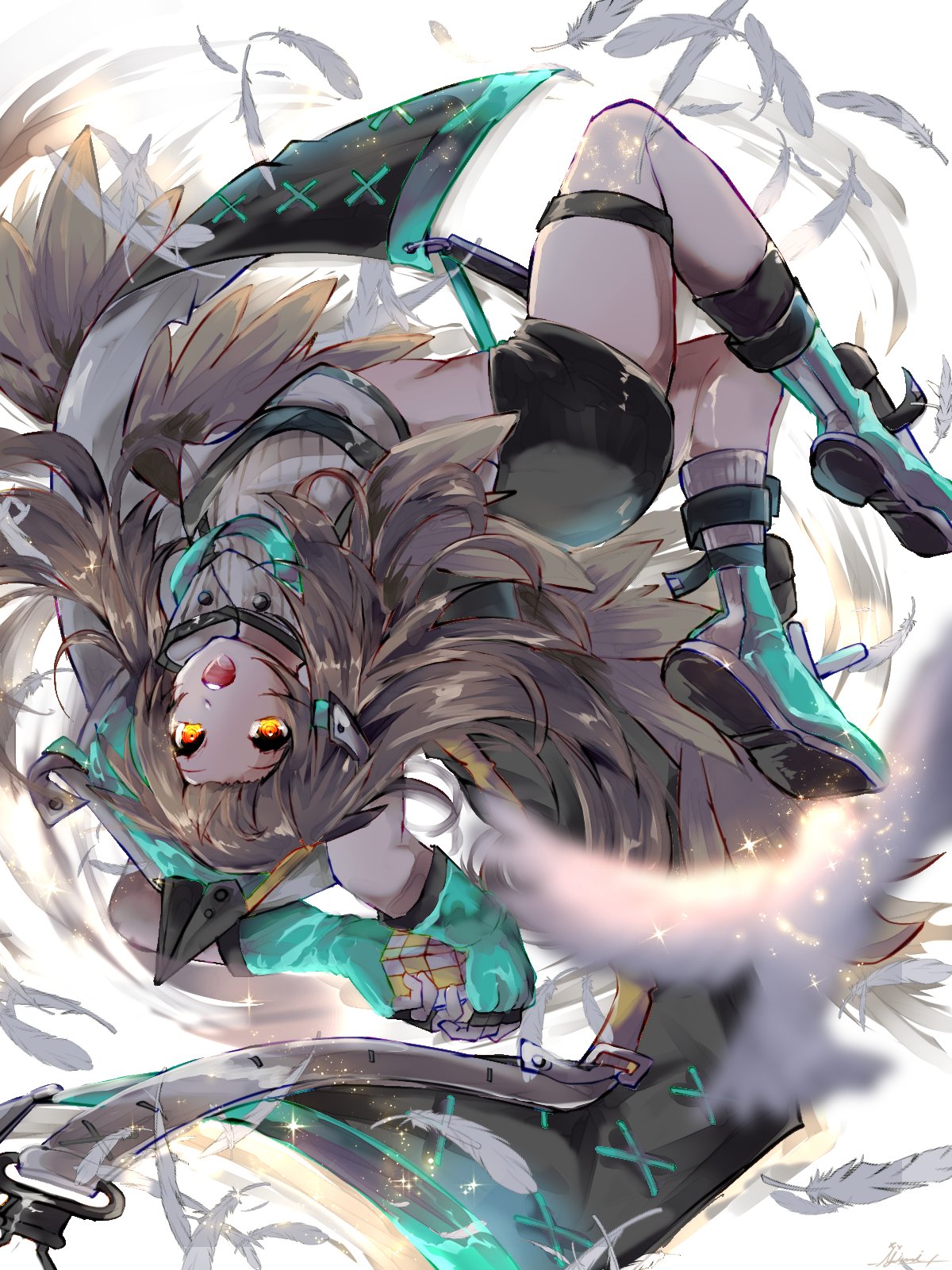 1girl arknights black_shorts blue_footwear blue_gloves boots brown_hair dutch_angle feathers floating gloves highres holding hood kafka_(arknights) long_hair mirui mismatched_legwear open_mouth rubik's_cube shorts solo thigh_strap white_background yellow_eyes