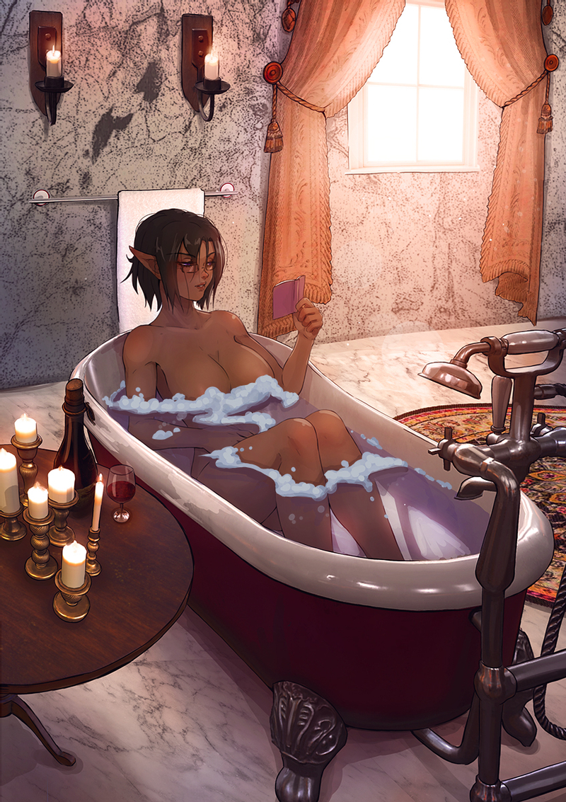 1girl bath bathing bathtub black_hair book breasts candle candlestand cleavage commission dark_elf dark_skin day elezen elf english_commentary fictional_persona final_fantasy final_fantasy_xiv glasses indoors janelle_colbernoux large_breasts open_book partially_submerged pointy_ears purple_eyes reading reclining short_hair soap_bubbles solo very_dark_skin vincent_andrada
