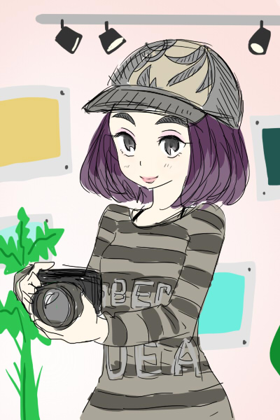 1girl artist_request baseball_cap bob_cut camera doodle girls_mode_2 gradient_hair graphic_shirt grey_eyes grey_shirt hat holding holding_camera multicolored_hair photographer pink_lips purple_hair shirt simple_background smile solo striped striped_shirt style_savvy_(video_game_series) teagen_(style_savvy) two-tone_hair