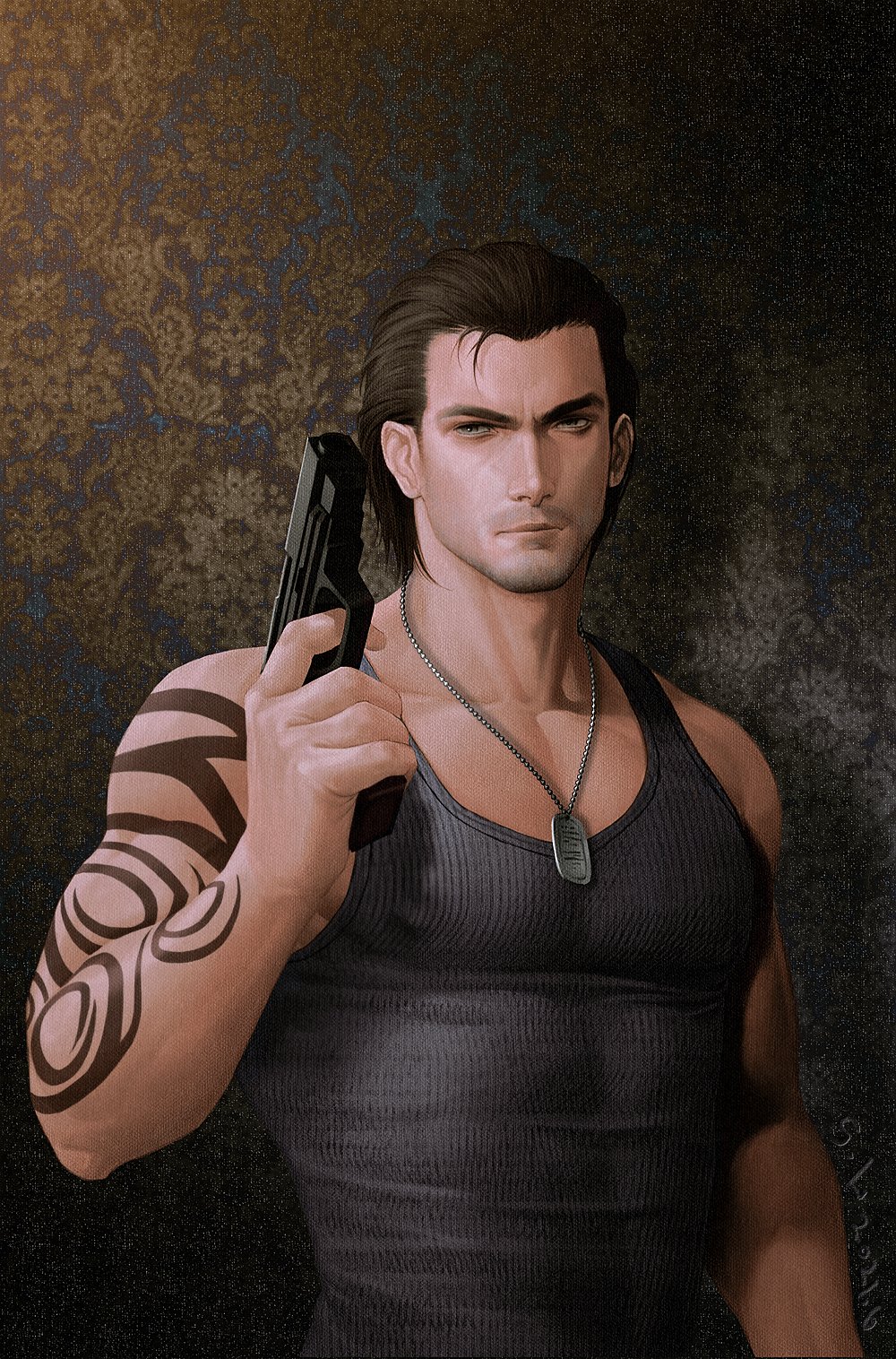1boy arm_tattoo bara billy_coen brown_hair closed_mouth commentary_request covered_nipples dog_tags facial_hair grey_eyes grey_tank_top gun hair_slicked_back hair_strand handgun highres holding holding_gun holding_weapon male_focus mixed-language_commentary muscular muscular_male pectorals resident_evil ribbed_tank_top saolin1234 short_hair sleeveless solo stubble tank_top tattoo taut_clothes upper_body weapon