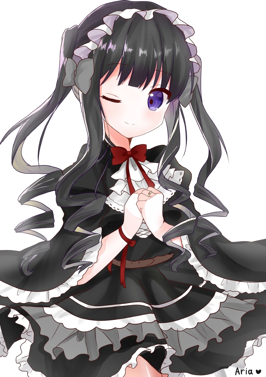 1girl bangs belt black_dress black_hair blunt_bangs blush bow bowtie brown_belt closed_mouth commentary_request cowboy_shot disconnected_mouth doko_ka_no_hosono dress drill_locks eyebrows_visible_through_hair headdress highres jewelry juliet_sleeves long_hair long_sleeves looking_at_viewer one_eye_closed original own_hands_together puffy_sleeves purple_eyes red_bow red_neckwear ring simple_background smile solo twintails white_background wide_sleeves