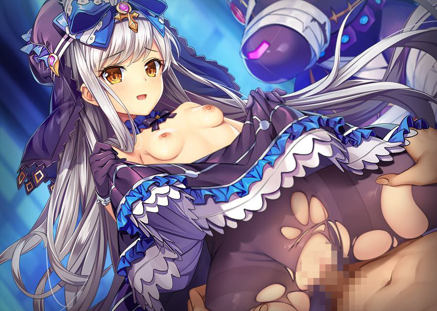 1boy 1girl bangs blue_bow bow breasts censored clothes_lift cowgirl_position eyebrows_visible_through_hair floating_hair game_cg gloves hand_on_another's_leg hat hat_bow hetero kamihime_project layered_skirt lifted_by_self long_hair mosaic_censoring nipples official_art pantyhose penis pov purple_gloves purple_headwear purple_legwear sex shiny shiny_hair silver_hair skirt skirt_lift small_breasts straddling topless torn_clothes torn_legwear vaginal very_long_hair yellow_eyes