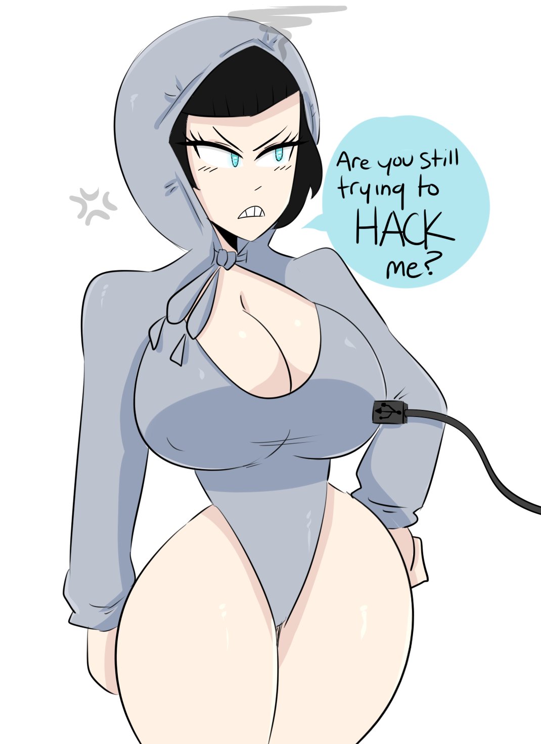 angry black_hair blue_eyes breasts grey_sweater hacking hand_on_hip highres hood hoodie jinu_(jinusenpai) plug sex_doll sweater thick_thighs thighs usb wide_hips