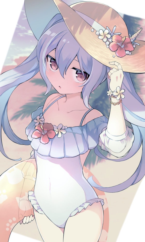 1girl alternate_costume bangs bracelet collarbone covered_navel cowboy_shot doll_joints flower granblue_fantasy hat hibiscus holding holding_clothes holding_hat innertube jewelry joints long_hair looking_at_viewer miyashirorin open_mouth orchis purple_hair see-through solo sun_hat twintails water white_background