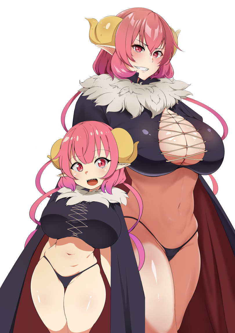 1girl bangs black_cape black_panties black_shirt breasts cape cleavage_cutout clothing_cutout commentary_request crop_top cross-laced_cutout cross-laced_shirt curled_horns dragon_horns drill_hair dual_persona eyebrows_visible_through_hair fur-trimmed_cape fur_trim grin horns huge_breasts ilulu_(maidragon) kobayashi-san_chi_no_maidragon long_hair looking_at_viewer navel older open_mouth panties pink_hair pointy_ears red_eyes sharp_teeth shiny shiny_skin shirt simple_background slit_pupils smile standing teeth thighs underwear white_background xperiajoker