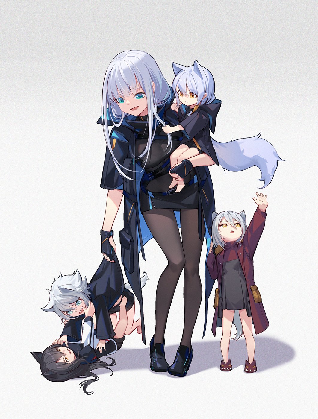 5girls :d animal_ears arknights arm_up bangs barefoot belt black_coat black_dress black_footwear black_gloves black_hair breasts brown_legwear child child_carry closed_mouth coat dress female_doctor_(arknights) finger_in_another's_mouth full_body gloves green_eyes highres hood hood_down hooded_coat lappland_(arknights) leaning_forward lying medium_breasts multiple_girls nian on_back open_clothes open_coat open_mouth pantyhose partially_fingerless_gloves projekt_red_(arknights) provence_(arknights) red_coat red_footwear short_hair silver_hair simple_background slippers smile standing symbol_commentary tail texas_(arknights) white_background wolf_ears wolf_girl wolf_tail yellow_eyes younger