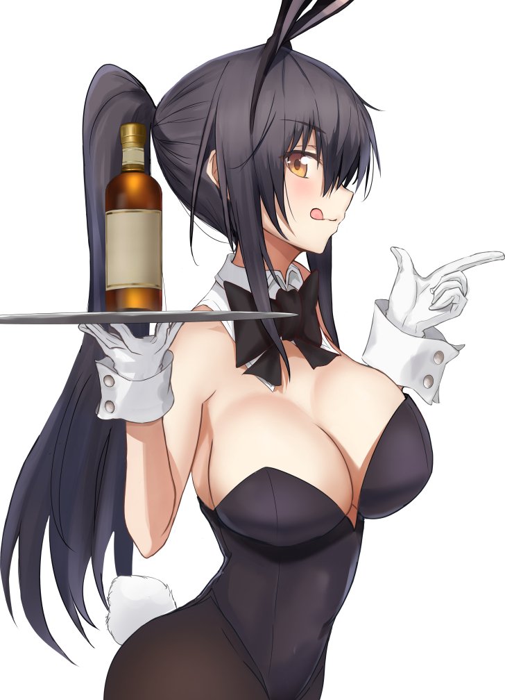1girl akatsuki_ikki animal_ears black_hair black_legwear bottle bow bowtie breasts bunny_ears bunny_tail cleavage fake_animal_ears fake_tail from_side holding holding_plate long_hair looking_at_viewer original plate playboy_bunny ponytail ribbon simple_background smieska solo tail thighhighs tongue tongue_out white_background wine_bottle wrist_cuffs yellow_eyes