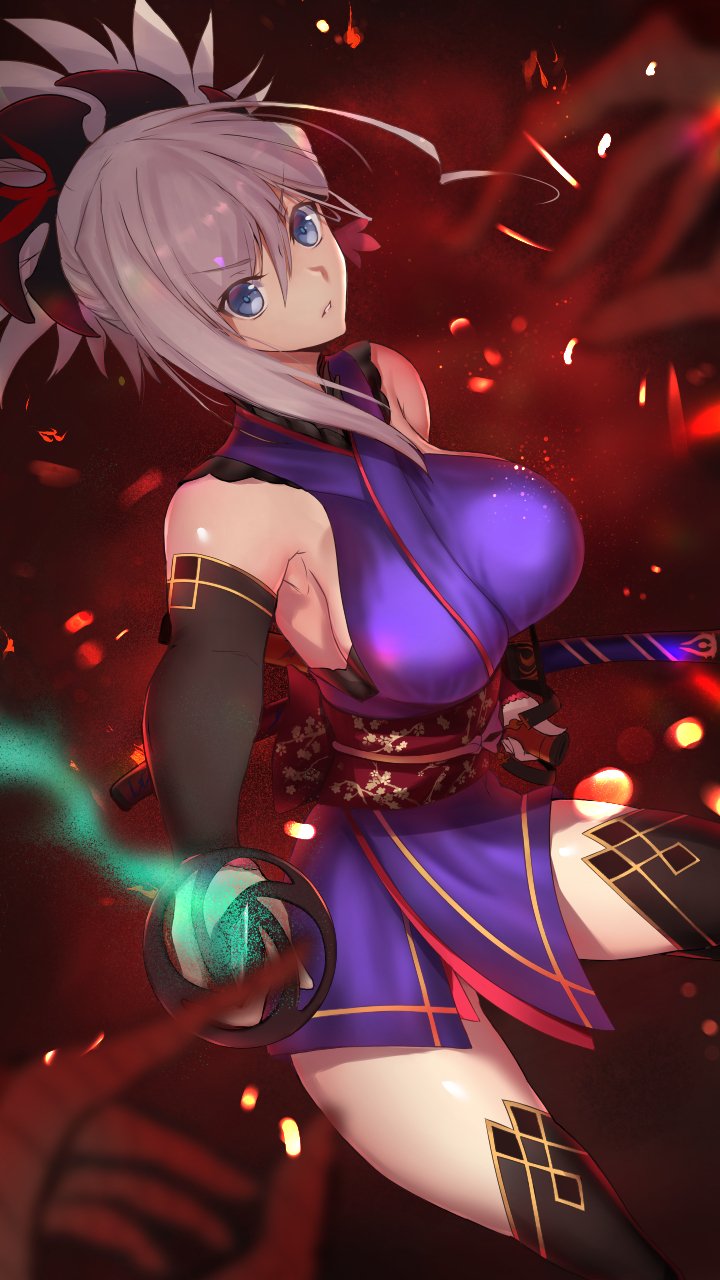 1girl akatsuki_ikki bangs belt black_legwear blue_eyes breasts dual_wielding elbow_gloves eyebrows_behind_hair fate/grand_order fate_(series) fingerless_gloves gloves hair_between_eyes hairband highres holding holding_sword holding_weapon japanese_clothes katana kimono large_breasts long_hair looking_at_viewer miyamoto_musashi_(fate) open_mouth pink_hair ponytail solo sword thighhighs weapon