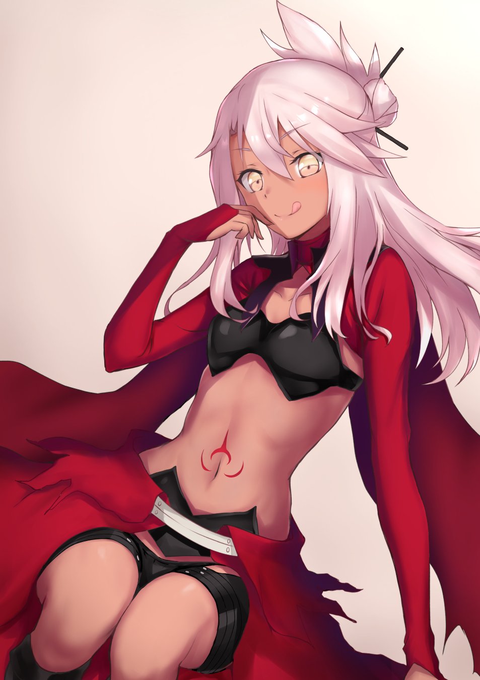 1girl akatsuki_ikki bangs braid breasts chloe_von_einzbern cloak dark-skinned_female dark_skin elbow_gloves fate/grand_order fate_(series) gloves hair_between_eyes highres long_hair looking_at_viewer shorts silver_hair simple_background smile solo stomach tattoo tongue tongue_out white_background yellow_eyes