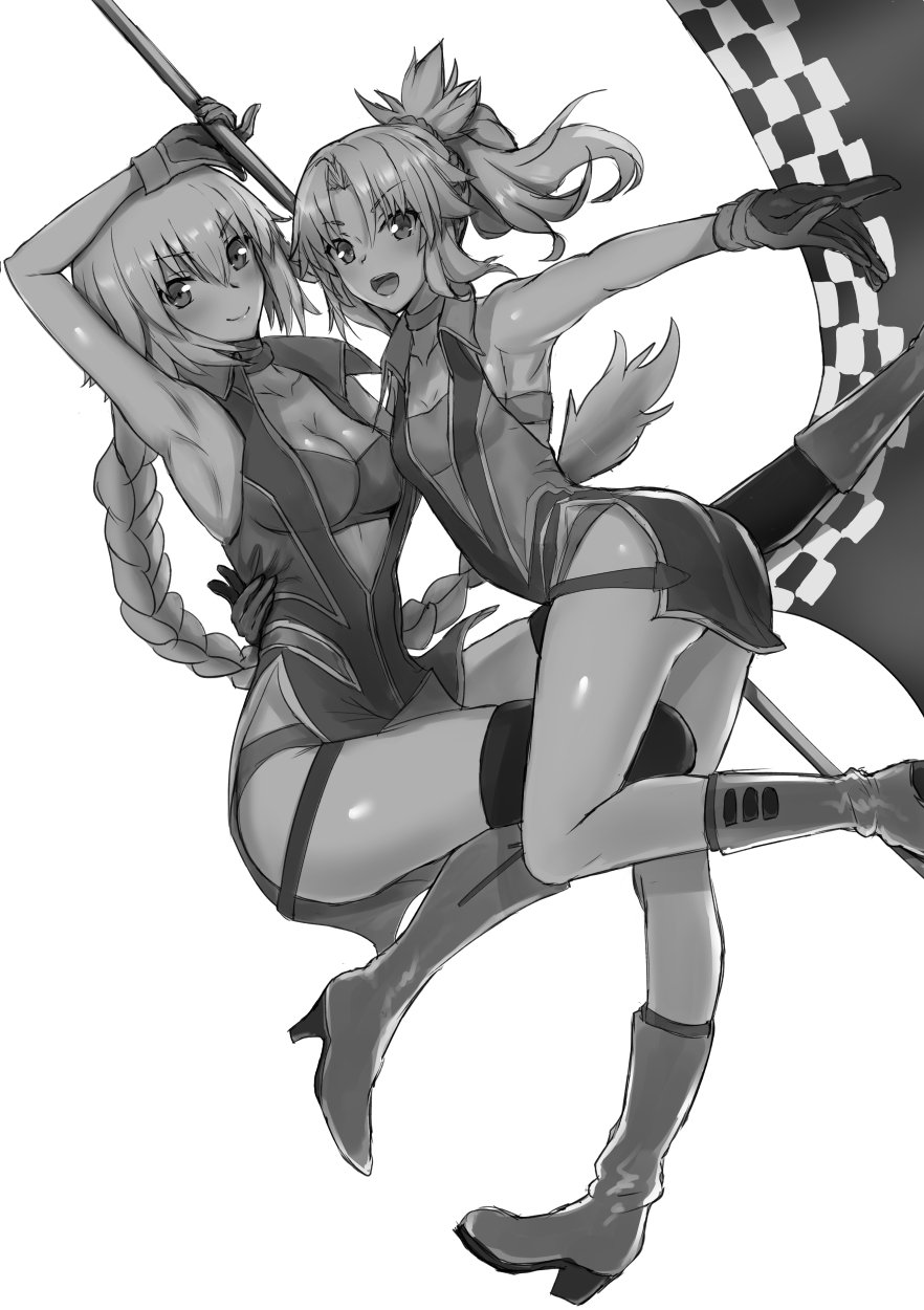 2girls akatsuki_ikki bangs black_legwear booth boots braid braided_ponytail eyebrows_behind_hair eyebrows_visible_through_hair fate/apocrypha fate/grand_order fate_(series) flag gloves greyscale hair_between_eyes highres holding holding_flag jeanne_d'arc_(fate) jeanne_d'arc_(fate)_(all) leg_belt long_hair looking_at_viewer monochrome mordred_(fate) mordred_(fate)_(all) multiple_girls open_mouth ponytail race_queen shorts simple_background smile thighhighs white_background