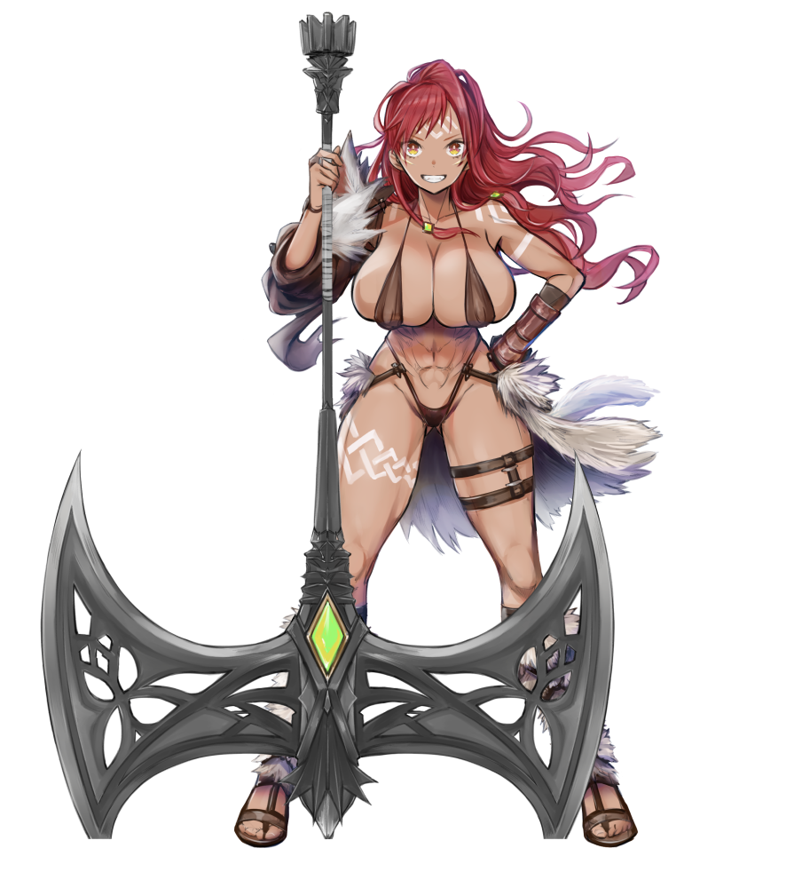 1girl abs arm_tattoo asymmetrical_clothes axe barefoot_sandals battle_axe bikini breasts forehead_tattoo full_body gloves hand_on_hip holding holding_axe holding_weapon huge_breasts huge_weapon leg_tattoo long_hair looking_at_viewer mappaninatta muscular muscular_female pawahara_seijo red_hair single_glove solo swimsuit tattoo weapon white_background yellow_eyes