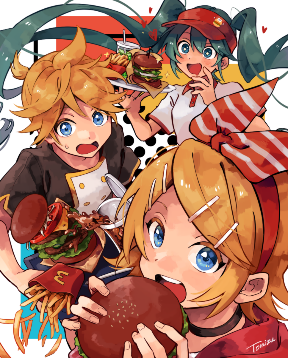 +_+ 1boy 2girls ahoge aqua_eyes aqua_hair artist_name blonde_hair blue_eyes bow burger buttons choker cup disposable_cup double-breasted drinking_straw drooling dropping eating employee_uniform fast_food fast_food_uniform flying_heart food french_fries hair_bow hair_ornament hairclip hatsune_miku heart highres holding holding_food holding_plate hood hoodie imminent_bite kagamine_len kagamine_rin long_hair looking_at_viewer mcdonald's mouth_drool multiple_girls open_mouth plate red_hoodie short_hair short_ponytail signature sparkling_eyes star-shaped_pupils star_(symbol) striped striped_bow sweatdrop symbol-shaped_pupils tomizu twintails two-tone_shirt uniform very_long_hair visor_cap vocaloid