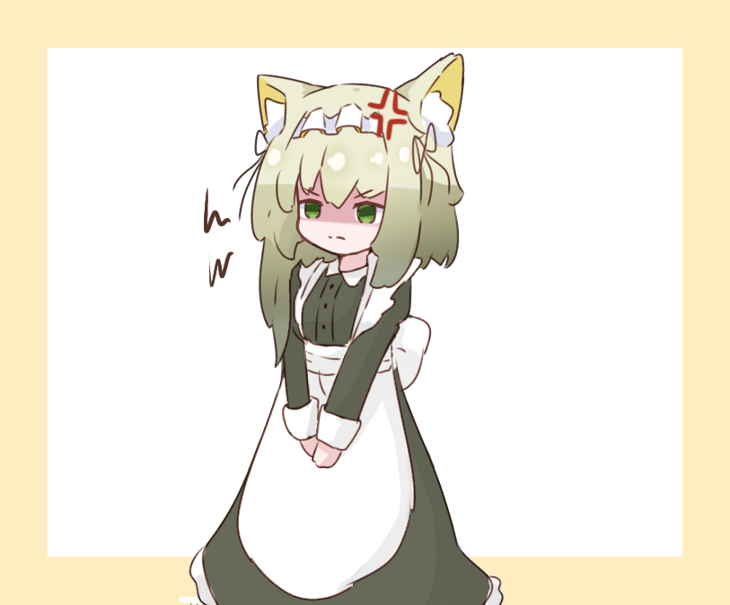 1girl alternate_costume alternate_hair_length alternate_hairstyle anger_vein animal_ear_fluff april apron arknights chibi commentary commission dress english_commentary feet_out_of_frame green_dress green_eyes green_hair kal'tsit_(arknights) kurotofu long_hair lynx_ears maid maid_headdress shaded_face solo white_apron