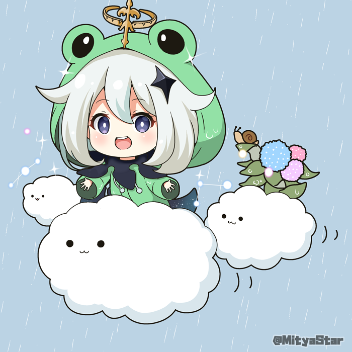 1girl :3 :d animal_hood bangs blue_background blue_flower blush closed_mouth cloud commentary_request constellation eyebrows_visible_through_hair flower frog_hood genshin_impact green_jacket grey_eyes grey_hair hair_between_eyes halo hood hood_up hooded_jacket hydrangea jacket looking_at_viewer miicha open_mouth paimon_(genshin_impact) pink_flower rain raincoat smile snail solid_circle_eyes solo sparkle twitter_username upper_teeth