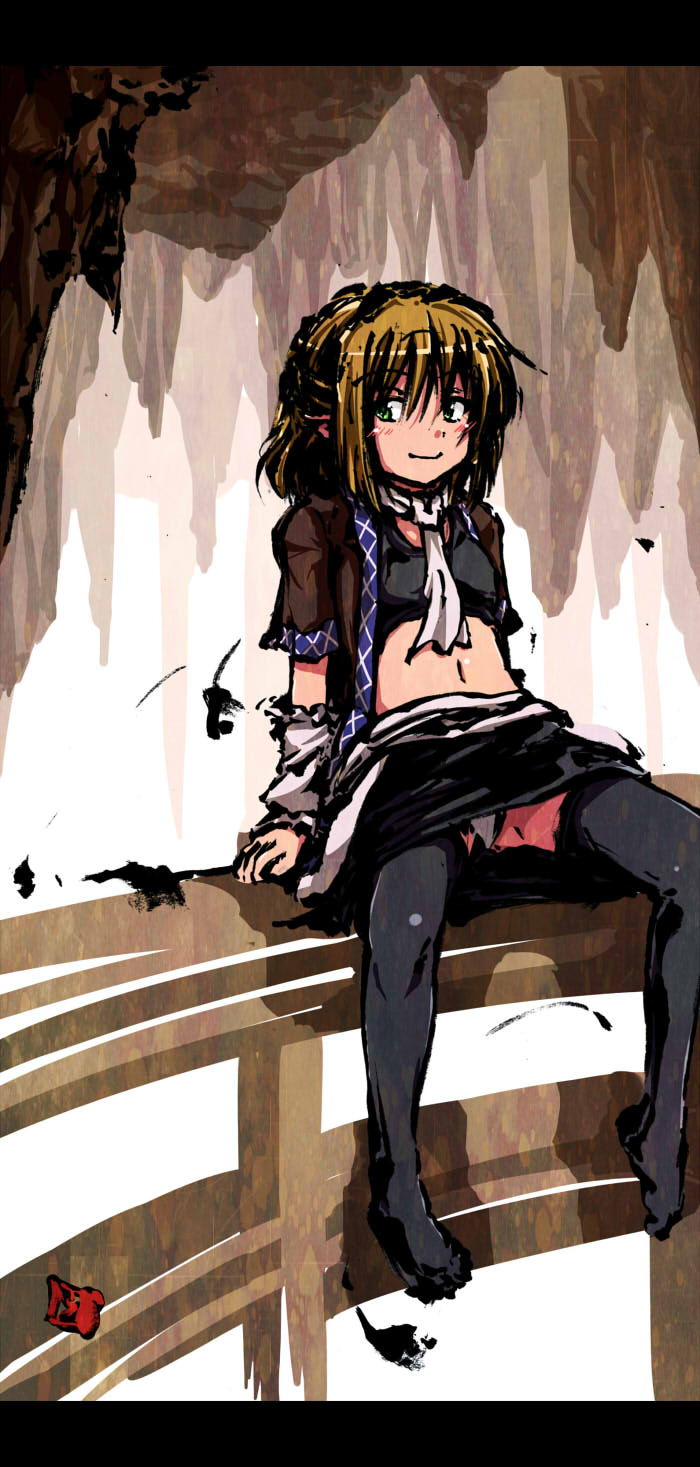 1girl arm_warmers bangs black_legwear black_skirt blonde_hair blush breasts bridge brown_shirt calligraphy_brush_(medium) closed_mouth commentary_request eyebrows_visible_through_hair full_body green_eyes hair_between_eyes half_updo highres ink_wash_painting letterboxed looking_to_the_side mizuhashi_parsee navel no_shoes open_clothes open_shirt panties pantyshot pointy_ears railing scarf shirt short_hair short_sleeves sitting sitting_on_railing skirt small_breasts smile solo sports_bra stalactite sumi-e thighhighs touhou umarutsufuri underwear white_panties white_scarf