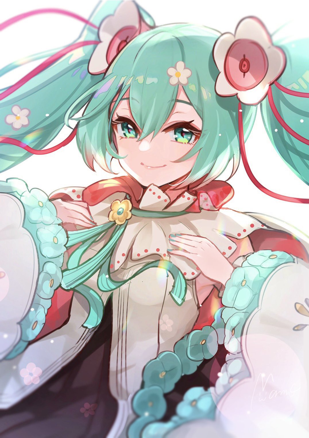 1girl aqua_eyes aqua_flower aqua_hair aqua_nails aqua_neckwear aqua_ribbon bloom cape commentary detached_sleeves flower hair_flower hair_ornament hands_on_own_chest hatsune_miku highres jewelry lens_flare lips long_hair looking_at_viewer magical_mirai_(vocaloid) mamo_(fortune-mm) nail_polish neck_ribbon pendant red_pupils red_ribbon ribbon shirt smile solo symbol_commentary twintails upper_body very_long_hair vocaloid white_background white_flower white_shirt white_sleeves