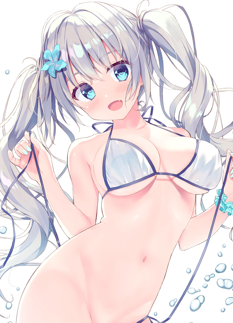 1girl bangs bikini bikini_pull blue_eyes blush breasts cleavage clothes_pull collarbone eyebrows_visible_through_hair fang flower hair_flower hair_ornament long_hair looking_at_viewer medium_breasts navel open_mouth original ryouka_(suzuya) scrunchie simple_background smile solo swimsuit twintails underboob upper_body water_drop white_background white_bikini white_hair wrist_scrunchie