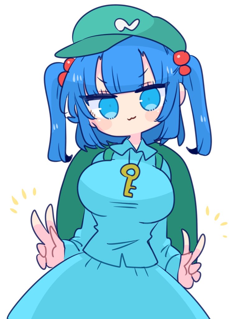 backpack bag bangs blue_eyes blue_hair blue_shirt blue_skirt breasts collared_shirt frilled_shirt_collar frills front_ponytail green_headwear hair_bobbles hair_ornament hat kappa kawashiro_nitori key large_breasts long_sleeves medium_hair op_na_yarou puffy_sleeves shirt short_twintails sidelocks skirt skirt_set smile twintails two_side_up