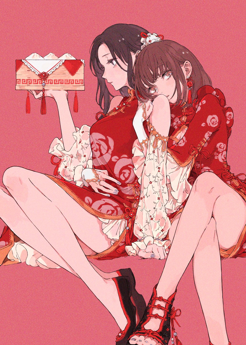 2girls bamboo_steamer bangs bare_legs bare_shoulders black_eyes black_footwear black_hair blue_nails box bra breast_cutout breasts brown_eyes brown_hair china_dress chinese_clothes clenched_hand crossed_legs cupless_bra detached_sleeves dress dumpling earrings eyebrows_visible_through_hair floral_print flower flower_earrings food hair_behind_ear hair_ornament head_on_another's_shoulder highres holding holding_box holding_stomach hug jewelry kakmxxxny06 long_hair long_sleeves longhorn looking_at_viewer looking_away looking_down looking_to_the_side multiple_girls nail_polish original petals red_dress red_flower red_theme ribbon rose rose_petals sitting sleeves_past_wrists underwear yokozuwari yuri