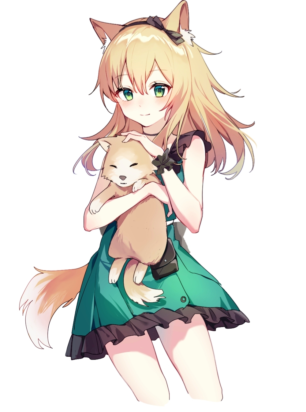 1girl animal animal_ear_fluff animal_ears arknights black_choker black_hairband black_wristband blonde_hair blush chinese_commentary choker commentary cowboy_shot cropped_legs dog dog_ears dog_girl dog_tail dress frilled_dress frills green_dress green_eyes hairband headpat highres holding holding_animal holding_dog long_hair looking_at_viewer official_alternate_costume petting podenco_(arknights) podenco_(wake_up_from_a_nap)_(arknights) simple_background smile solo tail white_background yunweishukuang