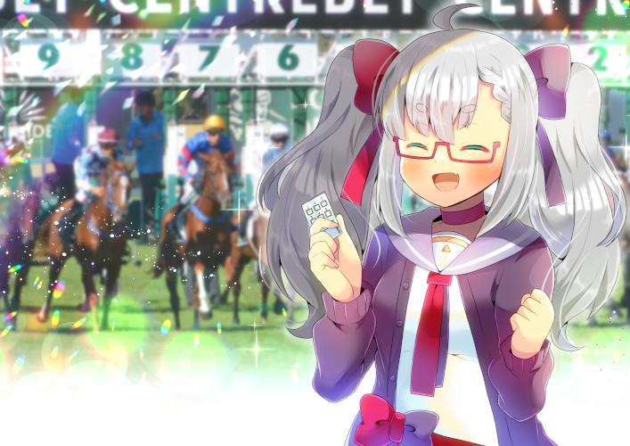 1girl 6+boys :d ^_^ ahoge animal bangs black_bow black_cardigan blurry blurry_background blush bow braid braided_bangs breasts cardigan closed_eyes commentary_request depth_of_field eyebrows_visible_through_hair fang glasses grey_hair grey_sailor_collar hair_bow holding horse horse_racing indie_virtual_youtuber kouu_hiyoyo long_hair mashiro_karin multiple_boys open_cardigan open_clothes open_mouth red-framed_eyewear red_bow red_neckwear sailor_collar school_uniform semi-rimless_eyewear serafuku shirt short_eyebrows small_breasts smile solo_focus thick_eyebrows twintails under-rim_eyewear upper_body v-shaped_eyebrows white_shirt