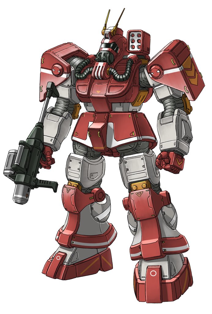 blockhead clenched_hand get_truth:_taiyou_no_kiba_dougram gun holding holding_gun holding_weapon mecha missile_pod no_humans official_art outagaki_yasuo science_fiction standing taiyou_no_kiba_dougram turret visor weapon white_background