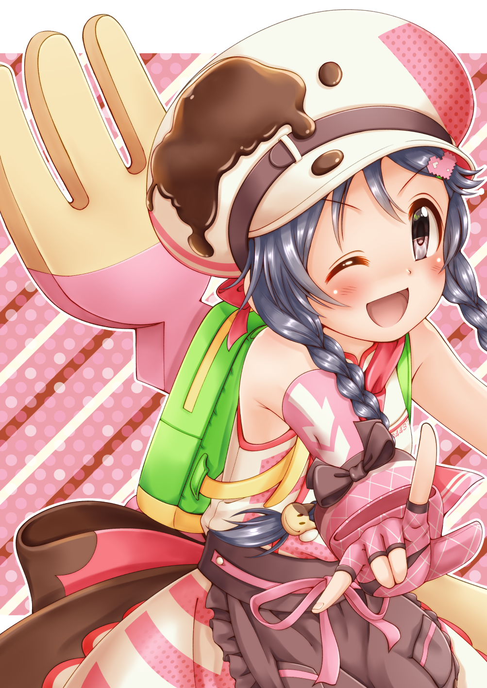 1girl ;d apron bangs bare_shoulders black_apron black_hair blush braid cabbie_hat diagonal_stripes dress eyebrows_visible_through_hair frilled_apron frills gloves grey_eyes hair_over_shoulder hat highres idolmaster idolmaster_cinderella_girls idolmaster_cinderella_girls_starlight_stage index_finger_raised long_hair looking_at_viewer miyoshi_sana one_eye_closed open_mouth outstretched_arm partially_fingerless_gloves pink_gloves regular_mow sleeveless sleeveless_dress smile solo striped striped_background twin_braids v-shaped_eyebrows very_long_hair waist_apron white_dress white_headwear