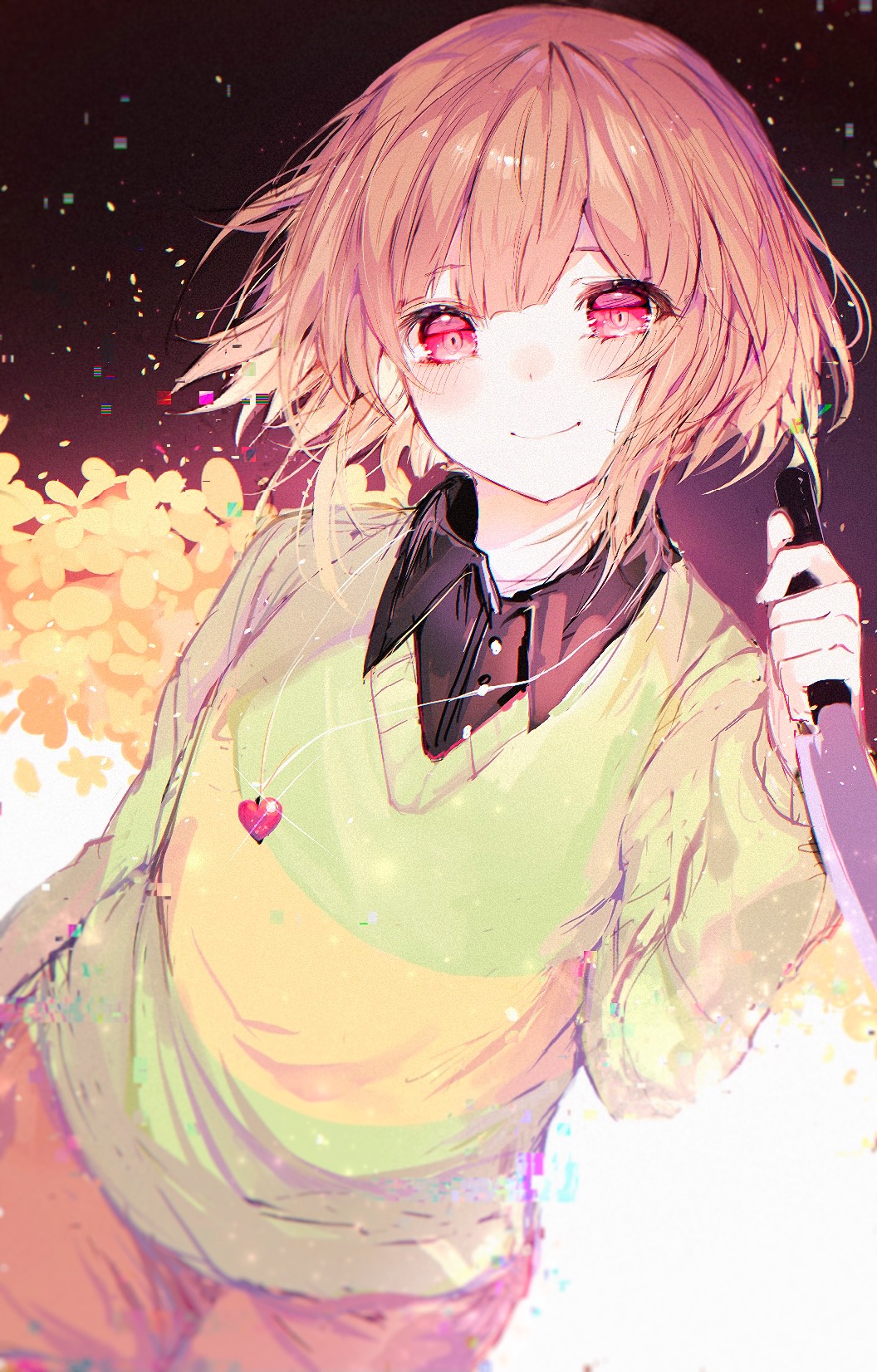 1other ambiguous_gender bangs black_background blush brown_hair brown_pants chara_(undertale) commentary_request dust flower gradient gradient_background green_sweater highres holding holding_knife jewelry knife locket long_sleeves looking_at_viewer noyu_(noyu23386566) pants pendant short_hair smile striped striped_sweater sweater undertale white_background yellow_flower