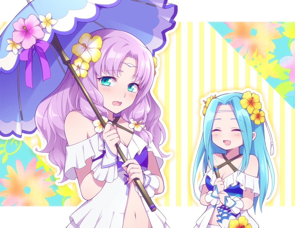 2girls aqua_hair blush breasts cleavage closed_eyes fiora_(fire_emblem) fire_emblem fire_emblem:_the_blazing_blade fire_emblem_heroes florina_(fire_emblem) flower hair_flower hair_ornament hiyori_(rindou66) holding holding_umbrella long_hair multiple_girls navel open_mouth purple_hair siblings sisters swimsuit twitter_username umbrella upper_body