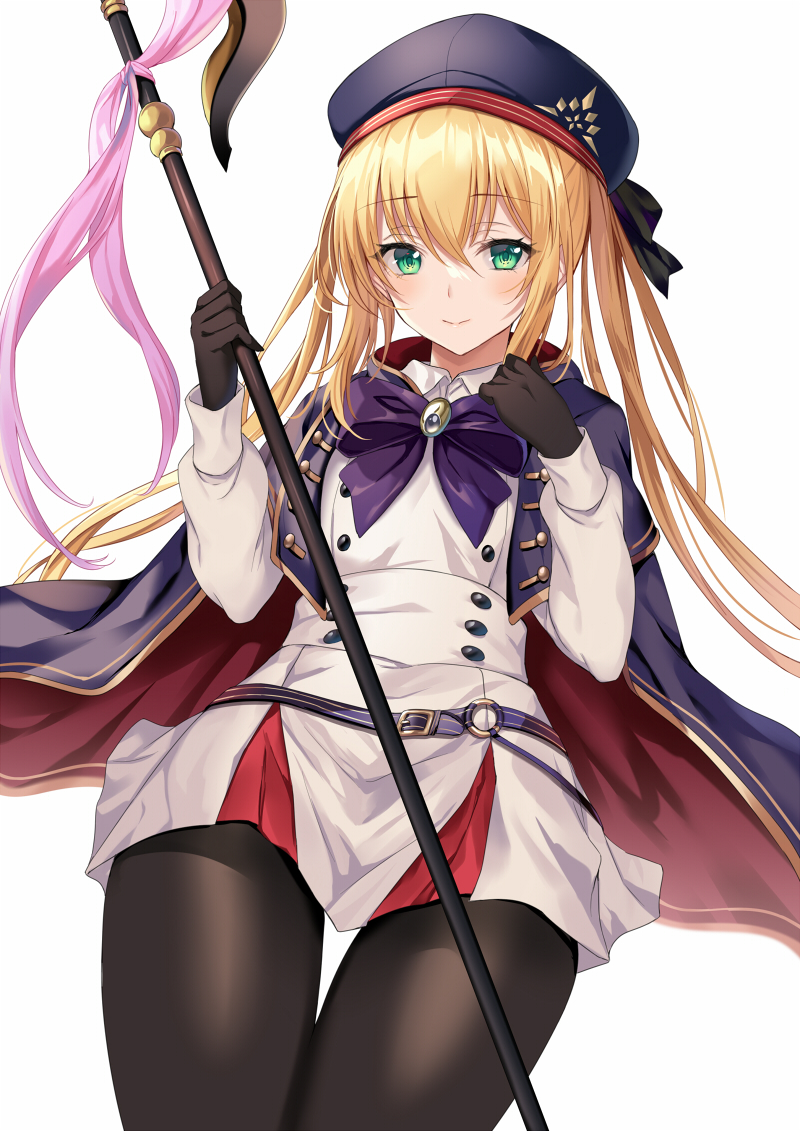 1girl artoria_pendragon_(all) artoria_pendragon_(caster)_(fate) bangs belt beret black_gloves black_legwear blonde_hair blue_cape blue_headwear blush breasts buttons cape double-breasted dress fate/grand_order fate_(series) gloves green_eyes harimoji hat holding holding_staff hood hooded_cape long_hair long_sleeves looking_at_viewer multicolored multicolored_cape multicolored_clothes pantyhose red_cape small_breasts smile solo staff thighs twintails white_dress