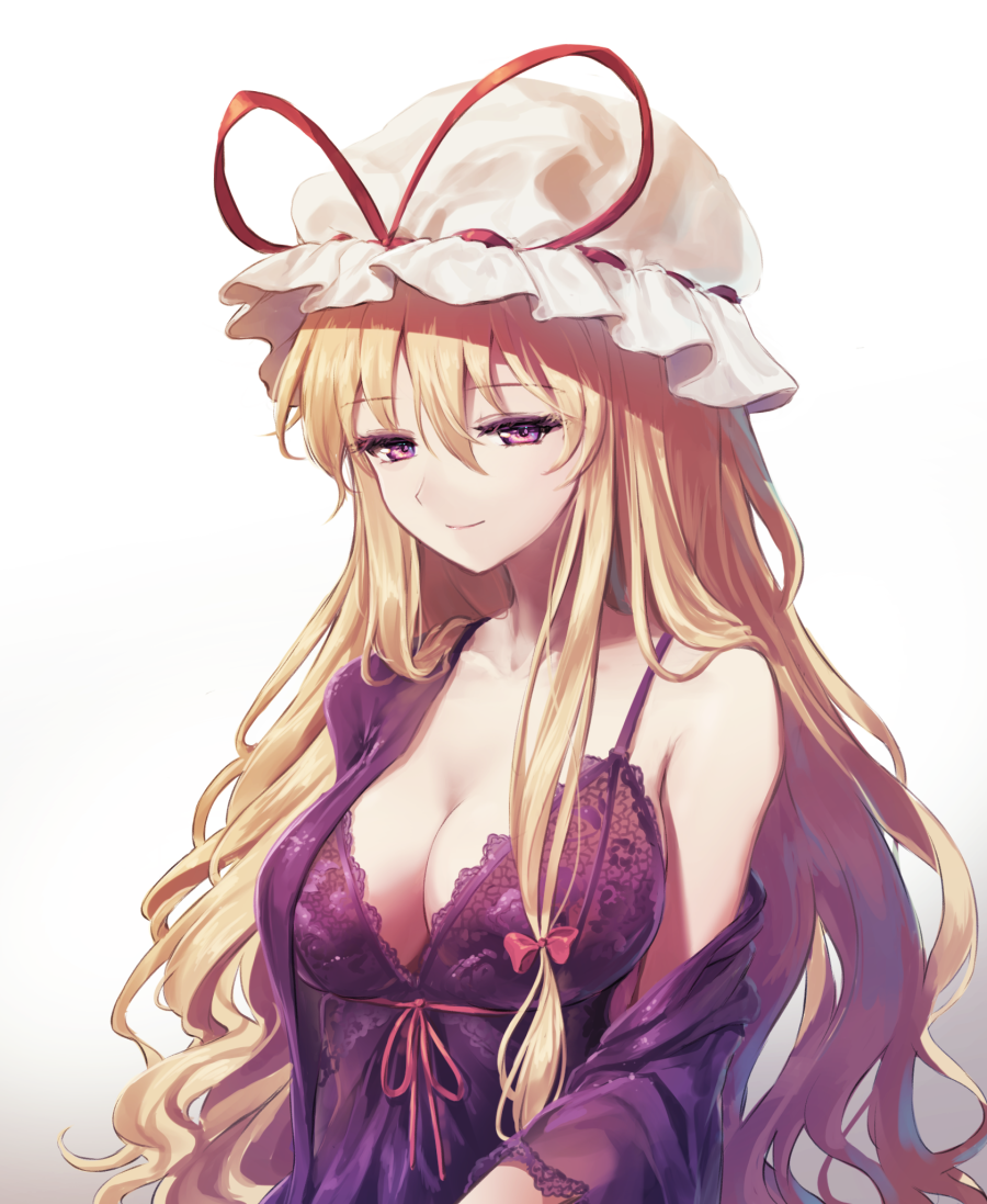 1girl bangs banned_artist bare_shoulders blonde_hair breasts commentary_request eyebrows_visible_through_hair gradient gradient_background grey_background hair_between_eyes hat hat_ribbon large_breasts lingerie looking_at_viewer minust mob_cap off_shoulder purple_eyes red_ribbon ribbon smile solo touhou underwear upper_body white_background white_headwear yakumo_yukari