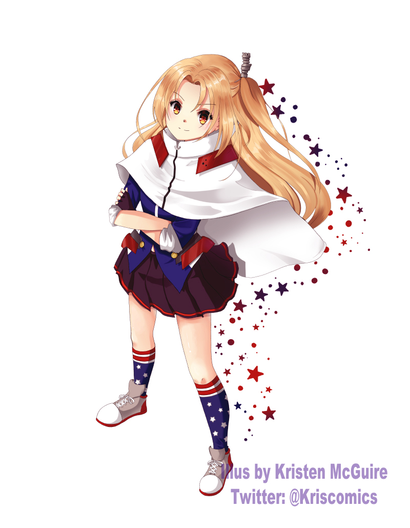 1girl american_flag american_flag_legwear american_flag_print artist_name azur_lane bangs black_gloves blonde_hair cape capelet cleveland_(azur_lane) commentary commentary_request crossed_arms english_commentary eyebrows_visible_through_hair fingerless_gloves flag_print gloves hair_intakes kneehighs kristen_mcguire kristen_mcguire_(artist) long_hair miniskirt multicolored multicolored_clothes multicolored_legwear one_side_up parted_bangs red_eyes seiyuu_connection shoes skirt socks star_(symbol) star_print twitter_username white_capelet