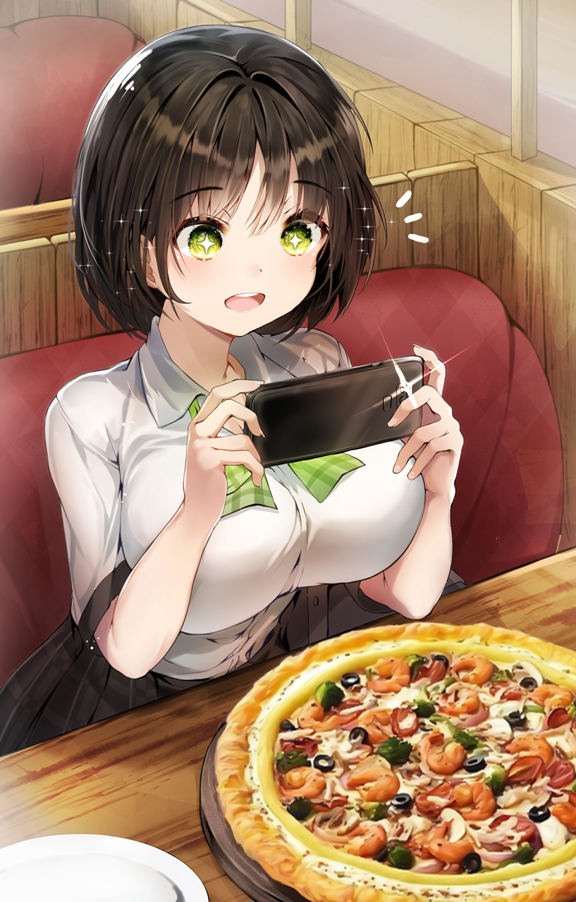 +_+ 1girl :d bangs black_hair black_skirt bow bowtie breasts cellphone chair collared_shirt commentary_request eyebrows_visible_through_hair food green_bow green_eyes green_neckwear hands_up highres hiromaster_sinta_jh holding holding_phone indoors large_breasts looking_at_phone medium_hair notice_lines open_mouth original phone pizza plaid plaid_bow plaid_neckwear plaid_skirt pleated_skirt shirt short_sleeves skirt smartphone smile solo upper_teeth white_shirt wooden_table
