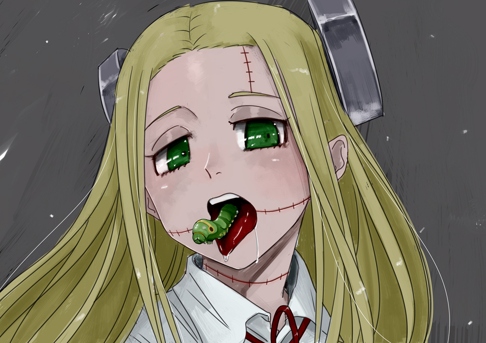 1girl blonde_hair bug caterpillar drooling franken_fran glasgow_smile green_eyes grey_background insect madaraki_fran maittamkr portrait saliva solo stitched_neck stitches tongue tongue_out upper_teeth