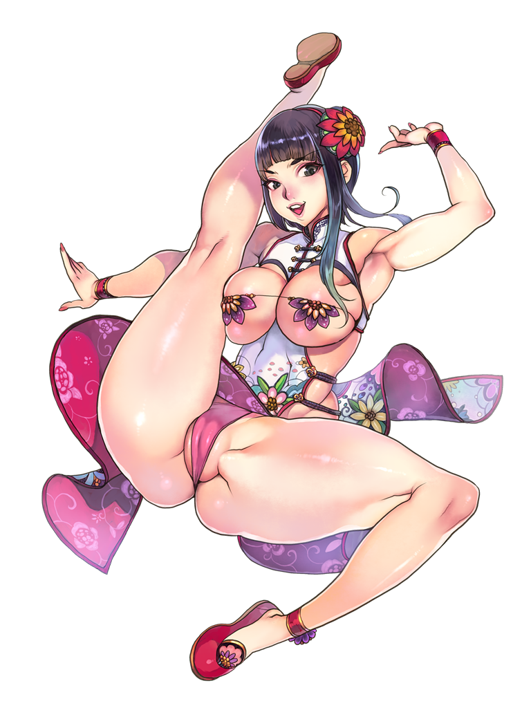 1girl anklet bangs black_hair blunt_bangs breasts chinese_clothes dairoku_youhei f.s. flexible floral_print full_body hairband jewelry large_breasts long_hair looking_at_viewer official_art open_mouth panties partially_visible_vulva pelvic_curtain photoshop_(medium) pink_panties revealing_clothes solo spread_legs thick_thighs thighs transparent_background underwear wristband