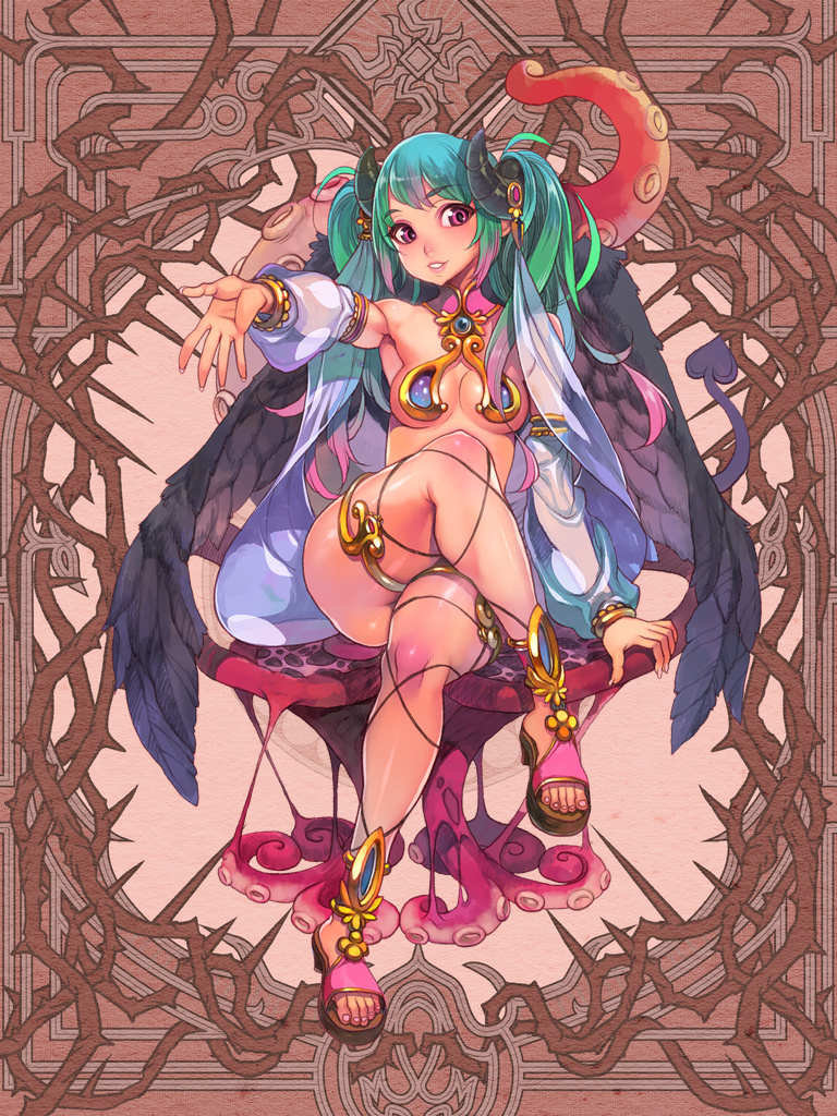 1girl aqua_hair bangs black_wings body_blush crossed_legs curled_horns dairoku_youhei eyebrows_visible_through_hair f.s. feathered_wings fishnet_legwear fishnets full_body gold_trim gradient_hair horns legs looking_at_viewer multicolored_hair official_art outstretched_arm parted_lips photoshop_(medium) pink_eyes sandals sheer_clothes sitting solo suction_cups tentacles two-tone_hair wings