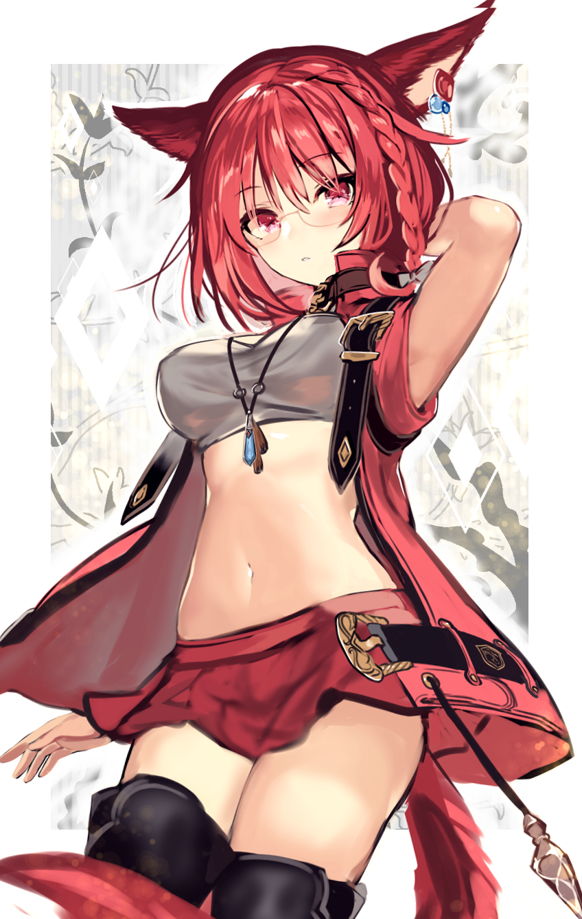 1girl animal_ears armpits black_legwear boots braid cat_ears cat_tail commentary_request commission final_fantasy final_fantasy_xiv fuupu glasses highres jewelry looking_at_viewer medium_hair midriff miqo'te navel necklace pendant red_eyes red_hair red_skirt skeb_commission skirt solo tail thigh_boots thighhighs