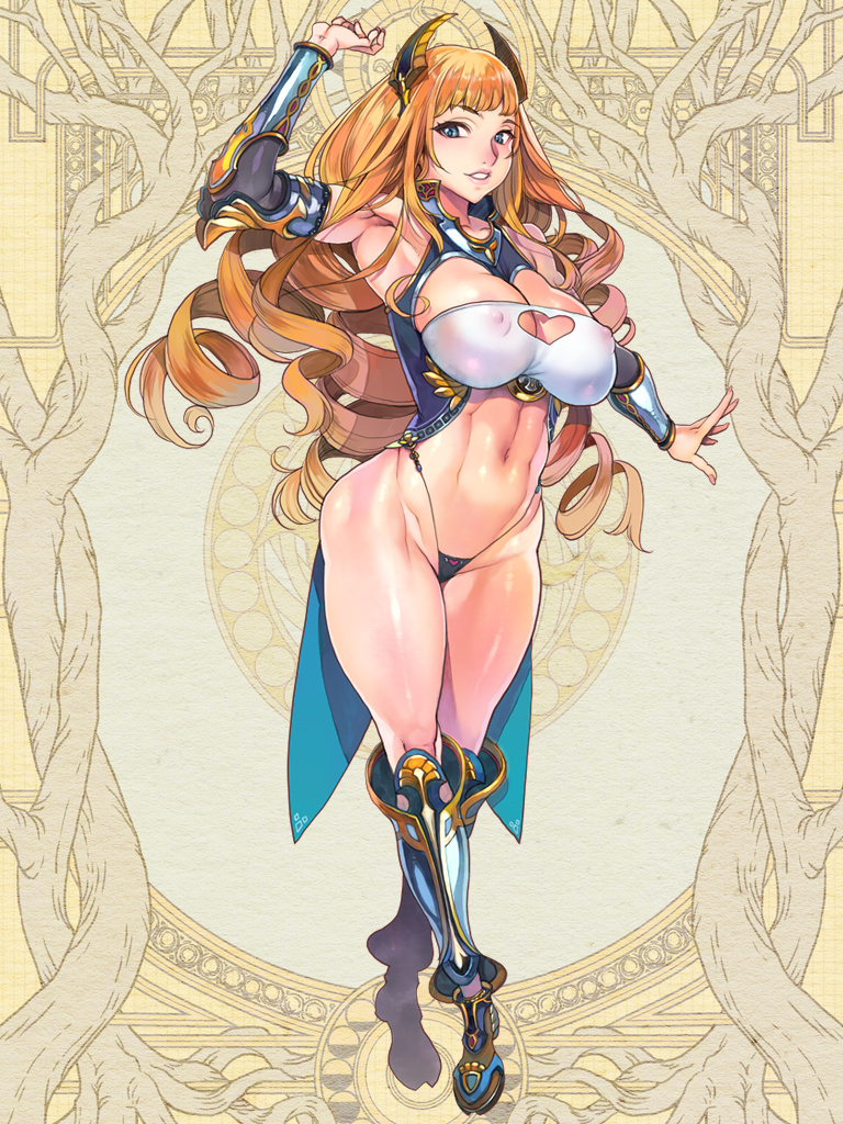1girl arm_up armored_boots bangs blonde_hair blue_eyes boots breasts cleavage coattails covered_nipples dairoku_youhei detached_sleeves drill_hair f.s. fake_horns full_body horns huge_breasts knee_boots long_hair navel official_art photoshop_(medium) solo