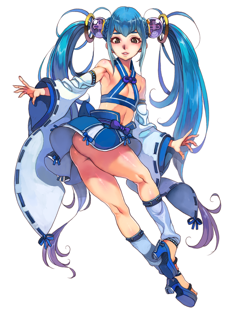 ass bangs blue_hair brown_eyes dairoku_youhei detached_sleeves f.s. flat_chest full_body high_heels long_hair looking_at_viewer miniskirt navel official_art photoshop_(medium) ribbon-trimmed_sleeves ribbon_trim sandals skirt solo transparent_background twintails twisted_torso very_long_hair wide_sleeves