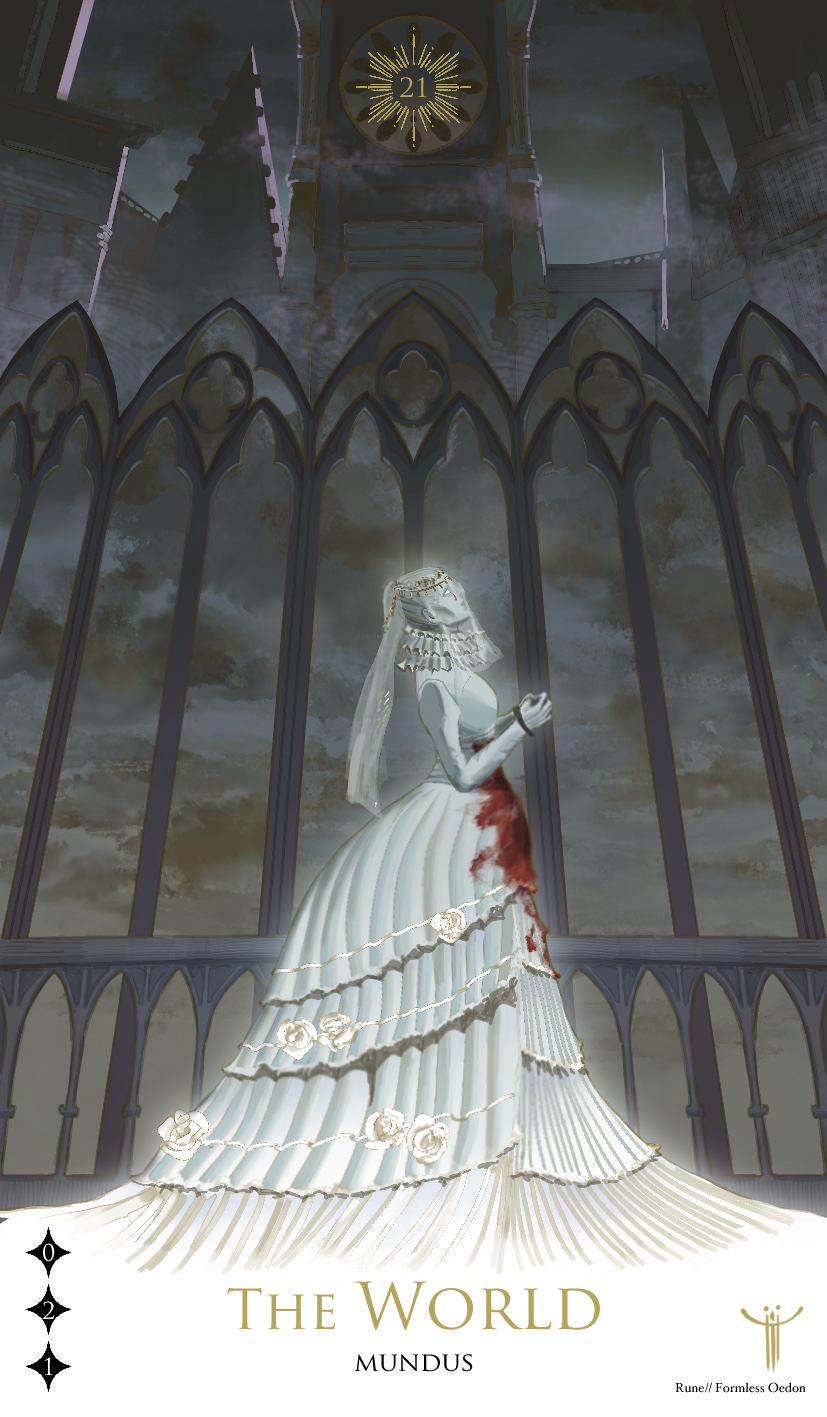 1girl blood bloodborne bloody_clothes breasts colored_skin dress english_text frozensoba grey_skin hands_up highres long_sleeves medium_breasts number outdoors short_hair solo standing tower veil white_dress yharnam_phtumerian_queen