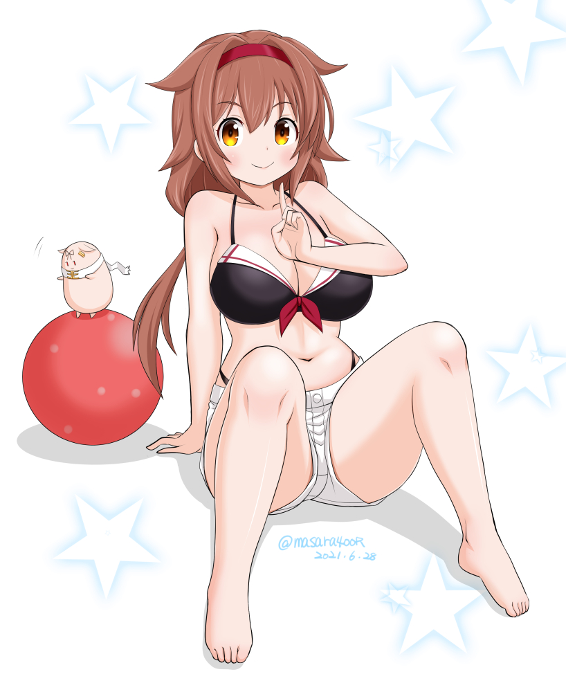 1girl adapted_costume ball barefoot bikini black_bikini breasts brown_eyes brown_hair commentary_request hair_flaps hairband index_finger_raised kantai_collection large_breasts long_hair masara_(chuujou) one-hour_drawing_challenge red_hairband remodel_(kantai_collection) shiratsuyu_(kancolle) shorts sitting solo starry_background swimsuit the_yuudachi-like_creature white_background white_shorts