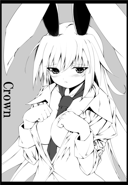 animal_ears blush breasts bunny_ears cleavage grey_background greyscale half-closed_eyes large_breasts long_sleeves looking_at_viewer monochrome necktie paw_pose reisen_udongein_inaba repair simple_background solo touhou upper_body