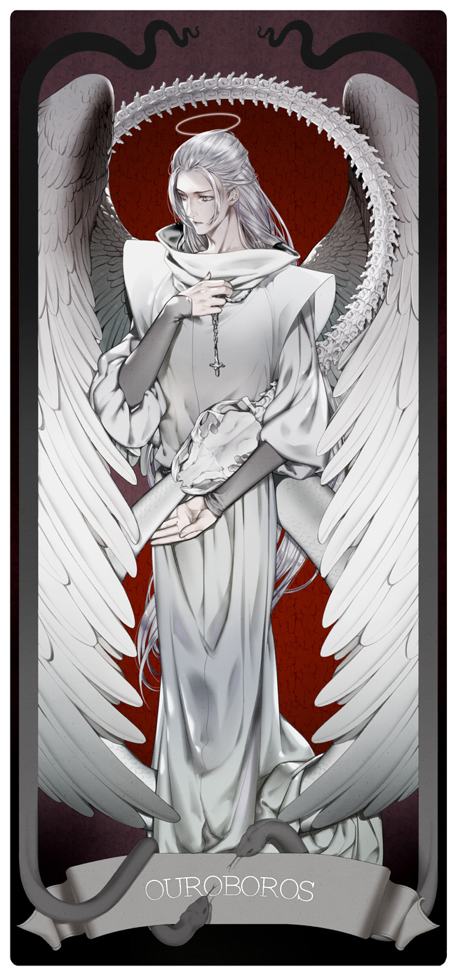 1boy angel angel_wings animal_skull bieshuohuaaiwo chinese_commentary commentary_request cross cross_necklace feathers halo highres jewelry long_hair looking_to_the_side lord_of_the_mysteries necklace ouroboros_(lord_of_the_mysteries) reptilian robe silver_eyes silver_hair skeleton snake solo tarot tarot_arcana white_robe wings