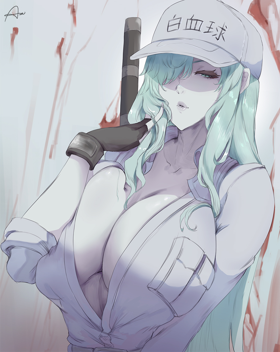 1girl araneesama blue_eyes blue_hair breasts cabbie_hat colored_skin fingerless_gloves gloves hair_over_one_eye hat hataraku_saibou hataraku_saibou_black large_breasts long_hair signature u-1146 white_blood_cell_(hataraku_saibou) white_skin white_uniform