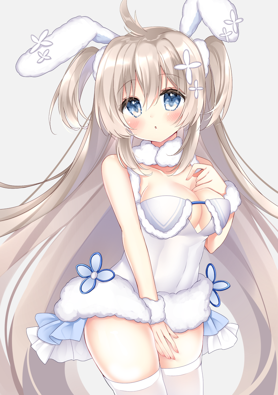 1girl ahoge animal_ears azur_lane bangs bare_shoulders blue_eyes blush breasts brown_hair cleavage commentary covered_navel eyebrows_visible_through_hair fake_animal_ears flower fur-trimmed_leotard fur_trim grey_background hair_between_eyes hair_flower hair_ornament highres leotard long_hair medium_breasts parted_lips rabbit_ears shikito skindentation solo thighhighs two_side_up umikaze_(azur_lane) umikaze_(soft_and_fluffy_therapy)_(azur_lane) very_long_hair white_flower white_legwear white_leotard
