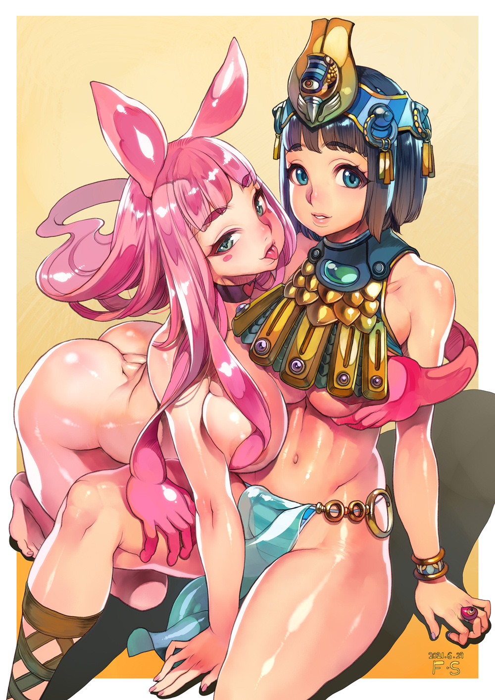 +_+ 2girls armlet black_hair blue_eyes breast_grab breasts deep_skin egyptian egyptian_clothes f.s. gold grabbing green_eyes groping highres jewelry large_breasts lips long_hair looking_at_viewer melona menace monster_girl multiple_girls navel panties pelvic_curtain pink_hair pink_slime prehensile_hair queen's_blade shiny shiny_hair shiny_skin short_hair slime_girl striped striped_panties tongue tongue_out underboob underwear
