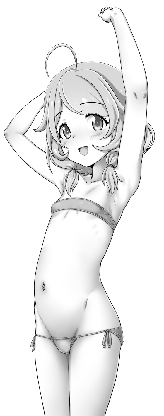 1girl :d ahoge armpits arms_up bandeau bangs bare_arms bare_shoulders bikini blush commentary_request greyscale groin hair_over_shoulder highres idolmaster idolmaster_cinderella_girls long_hair looking_at_viewer low_twintails micro_bikini monochrome navel open_mouth parted_bangs short_twintails side-tie_bikini simple_background smile solo strapless strapless_bikini swimsuit testa twintails white_background yusa_kozue
